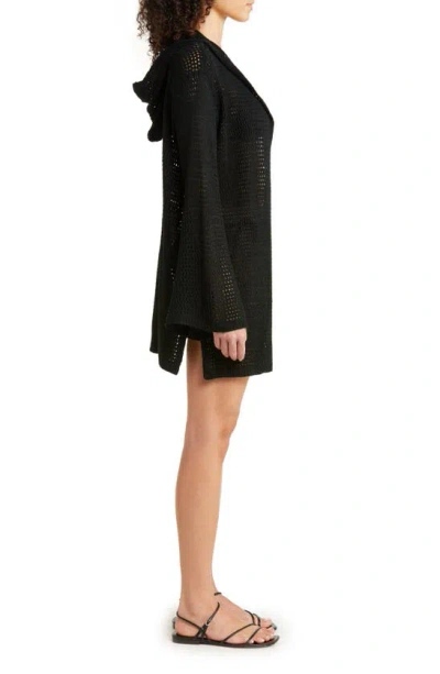 Elan Hooded Open Stitch Cover-up Cardigan In Black