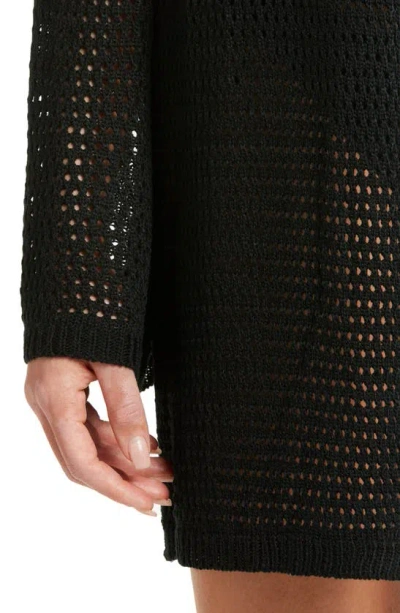Elan Hooded Open Stitch Cover-up Cardigan In Black
