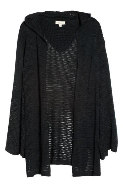 Shop Elan Hooded Open Stitch Cover-up Cardigan In Black