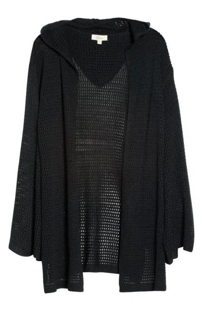 Elan Hooded Open Stitch Cover-up Cardigan In Black