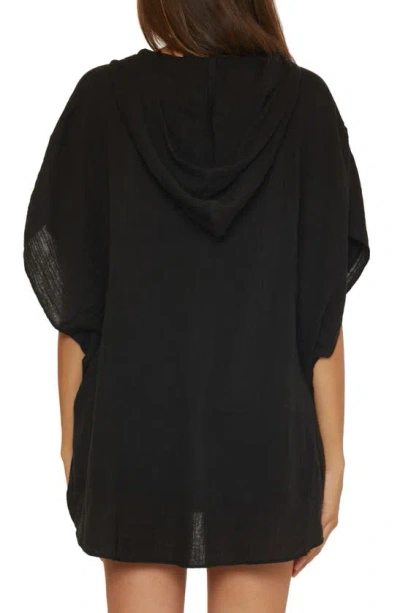 Shop Trina Turk Serene Cotton Gauze Hooded Cover-up Poncho In Black