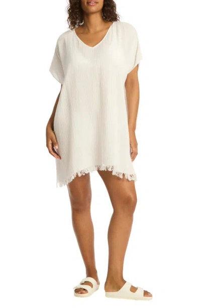 Shop Sea Level Sunset Fringe Cotton Cover-up Caftan In White