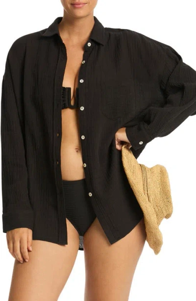 Shop Sea Level Sunset Beach Oversize Cotton Cover-up Shirt In Black