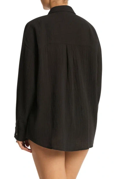 Sea Level Sunset Beach Oversize Cotton Cover-up Shirt In Black