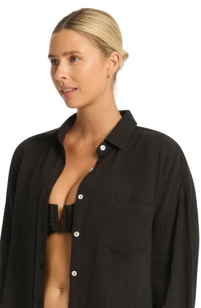 Sea Level Sunset Beach Oversize Cotton Cover-up Shirt In Black