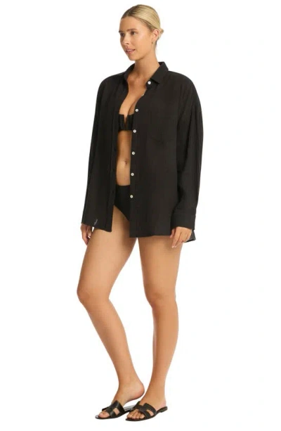 Sea Level Sunset Beach Oversize Cotton Cover-up Shirt In Black