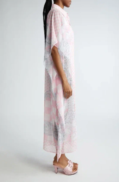 Shop Versace Barocco Checkerboard Semisheer Cover-up Caftan In Pastel Pink White Silver
