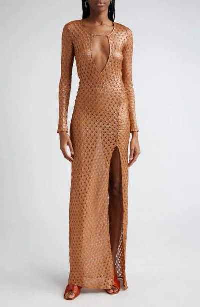 Shop Missoni Metallic Knit Plunge Neck Long Sleeve Cover-up Maxi Dress In Roasted Pecan