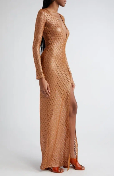 Shop Missoni Metallic Knit Plunge Neck Long Sleeve Cover-up Maxi Dress In Roasted Pecan