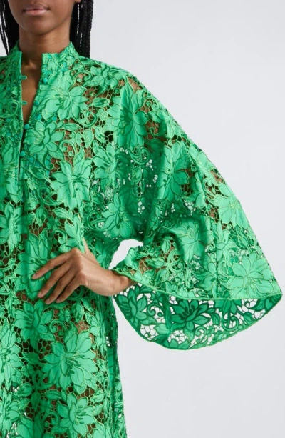 Shop La Vie Style House Open Floral Lace Cover-up Mini Caftan In Bright Green