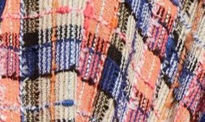 Shop La Vie Style House Plaid Tweed Long Sleeve Wrap Minidress In Orange/ Blue/ Pink
