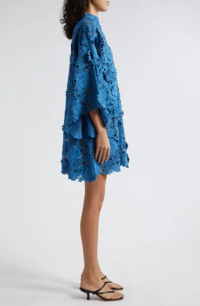 Shop La Vie Style House 3d Floral Lace Cover-up Mini Caftan In Blue Crush