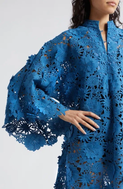 Shop La Vie Style House 3d Floral Lace Cover-up Mini Caftan In Blue Crush