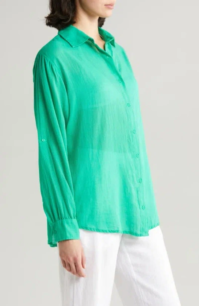 Shop Elan Cotton Button-up Cover-up Shirt In Green Bright
