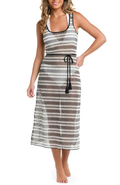 Shop La Blanca Onshore Stripe Tie Belt Sheer Cover-up Midi Dress In Black And White