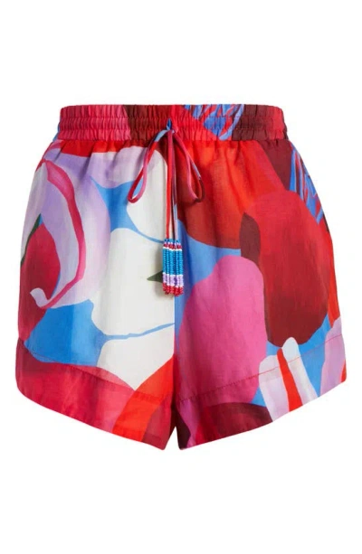 Shop Farm Rio Watercolor Floral Cotton Cover-up Shorts In Watercolor Floral Blue