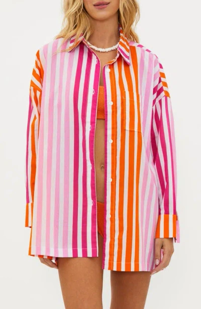 Shop Beach Riot Alexa Stripe Long Sleeve Cover-up Shirt In Sunset Stripes