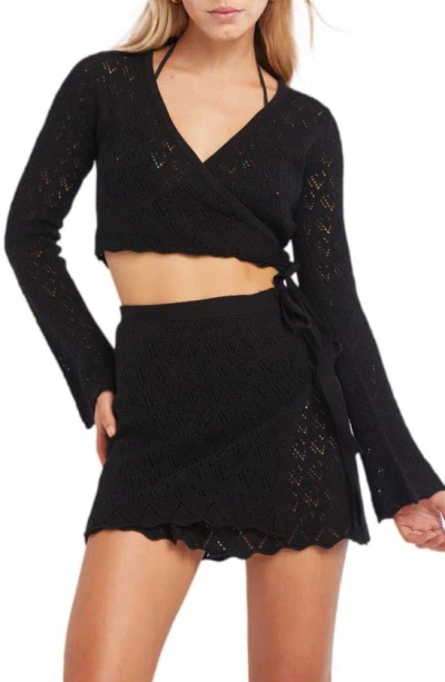 Capittana Kaia Openwork Crochet Crop Cover-up Sweater In Black