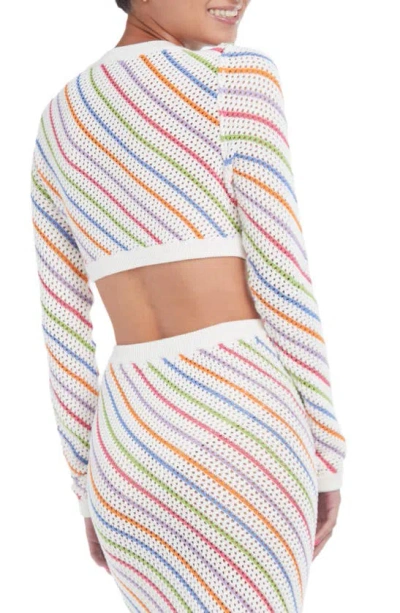 Shop Capittana Bruna Stripe Crochet Crop Cover-up Sweater In Multicolor White