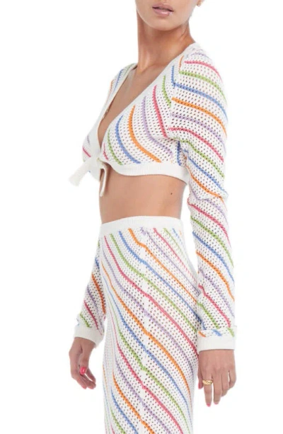 Shop Capittana Bruna Stripe Crochet Crop Cover-up Sweater In Multicolor White