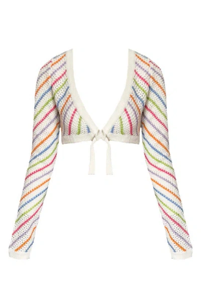 Shop Capittana Bruna Stripe Crochet Crop Cover-up Sweater In Multicolor White
