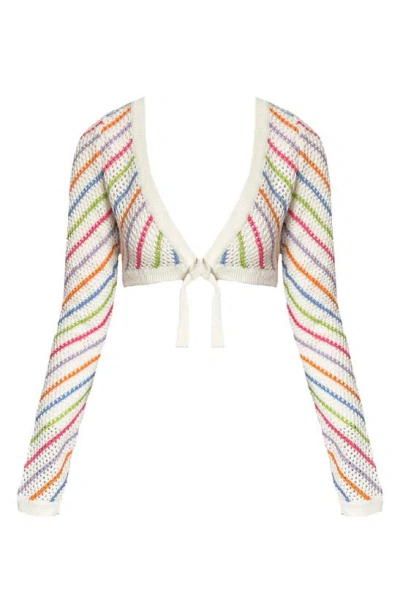 Capittana Bruna Stripe Crochet Crop Cover-up Sweater In Multicolor White