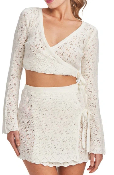 Shop Capittana Kaia Openwork Crochet Crop Cover-up Sweater In Ivory