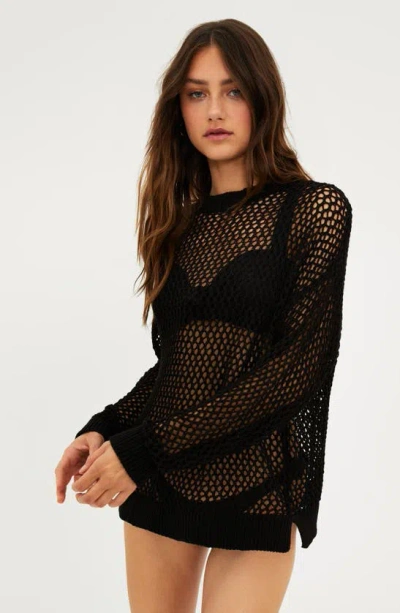Beach Riot Hilary Long Sleeve Open Knit Cover-up Sweater Tunic In Black