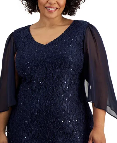 Shop Connected Plus Size Embellished 3/4-sleeve Lace Gown In Navy