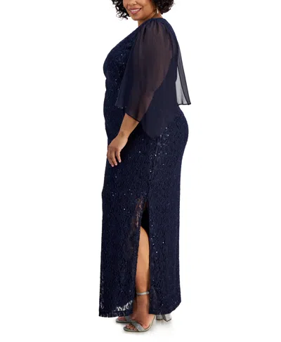 Shop Connected Plus Size Embellished 3/4-sleeve Lace Gown In Navy