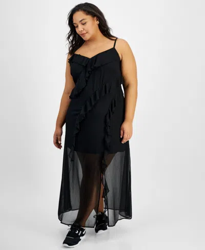 Shop Bar Iii Trendy Plus Size Ruffled Chiffon Maxi Dress, Created For Macy's In Deep Black
