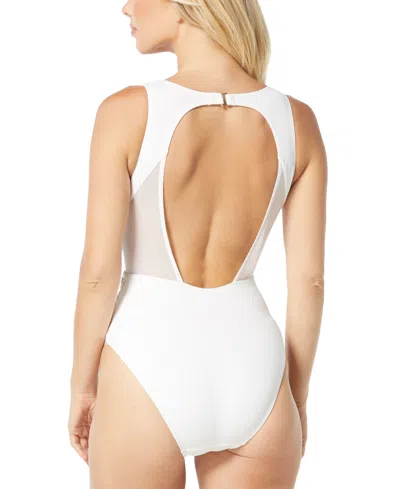 Shop Carmen Marc Valvo Women's Mesh Plunge Neckline One-piece Swimsuit In White