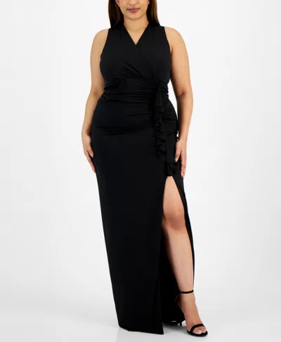 Shop Emerald Sundae Trendy Plus Size V-neck Ruched Slit-leg Gown In Black