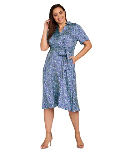 Shop Tahari Plus Size Printed Tie-waist Short-sleeve Shirtdress In Aqua Lime
