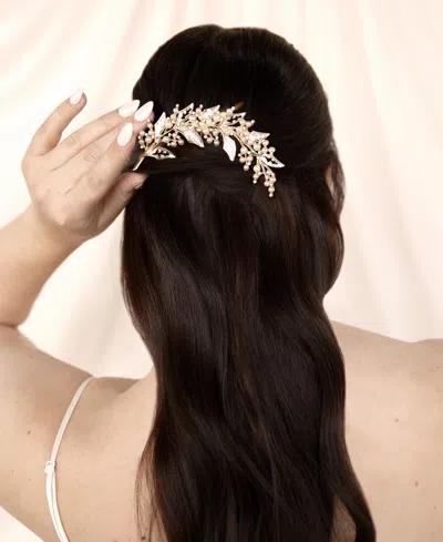 Shop Ettika Ethereal Imitation Pearl Leaf Hair Comb In Rhodium