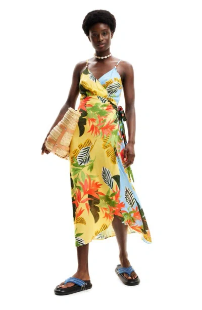 Shop Desigual Tropical Leaves Cover-up Wrap Sundress In Yellow
