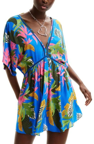 Shop Desigual Tropical Party Cover-up Minidress In Blue