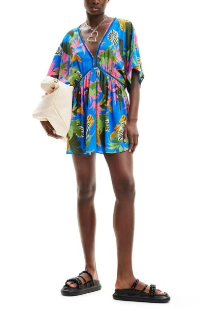 Shop Desigual Tropical Party Cover-up Minidress In Blue