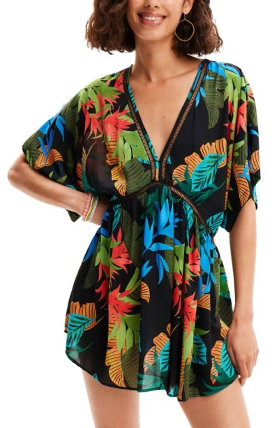 Shop Desigual Tropical Party Cover-up Minidress In Black
