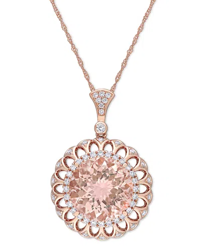 Macy's Morganite (9 Ct. T.w.) & Diamond (3/4 Ct. T.w.) Flower Medallion 17" Pendant Necklace In 14k Rose Go In Morganite