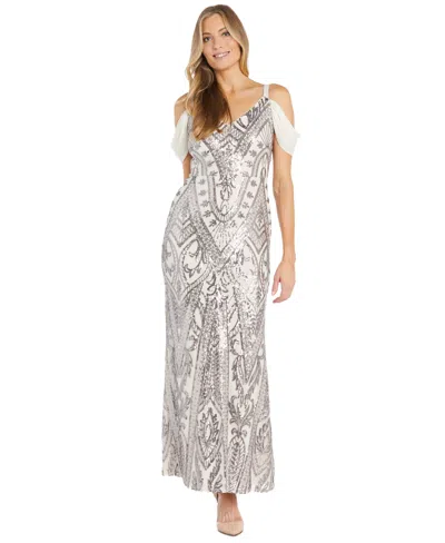 Shop R & M Richards Women's Sequin Embellished Draped Sleeve V-neck Gown In Ivory,pewter