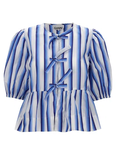Shop Ganni Tie String Peplum Shirt, Blouse In Light Blue