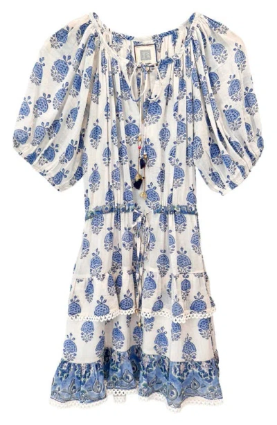 Shop Alicia Bell Roxy Puff Sleeve Cotton & Silk Cover-up Minidress In Blue Hibiscus