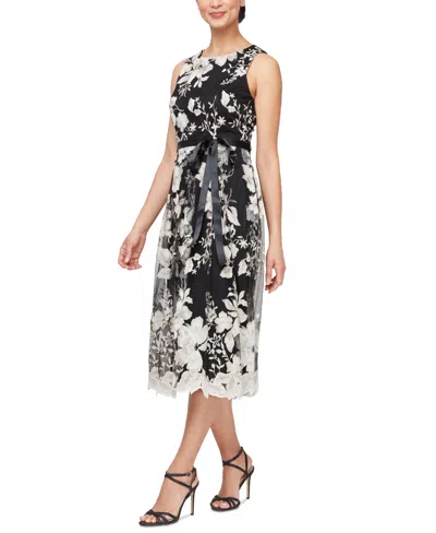 Shop Alex Evenings Petite Scoop-neck Belted Sleeveless Dress In Black,white
