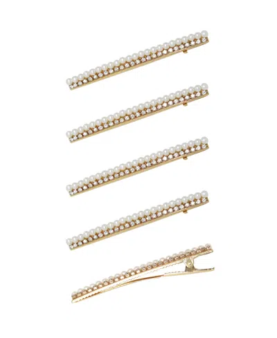 Shop Ettika Thin Imitation Pearl And Crystal Hair Clip Set In Gold