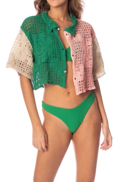 Shop Maaji Sicilia Colorblock Crop Cover-up Button-up Shirt In Green