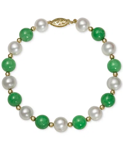 Shop Macy's Cultured Freshwater Pearl And Dyed Jade Bracelet In 14k Gold