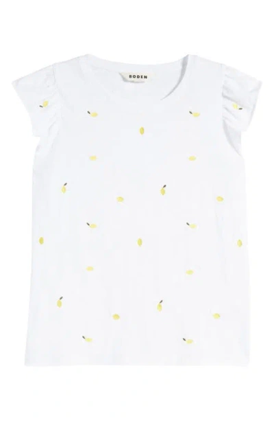 Shop Boden Dora Embroidered Flutter Sleeve T-shirt In White Lemons