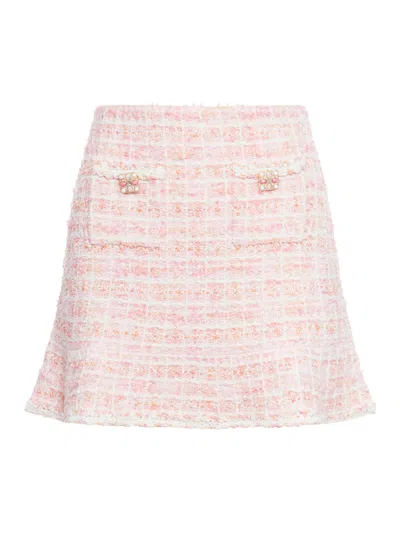 Shop Self-portrait Pink Check Knit Skirt In Pink & Purple
