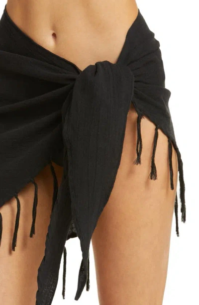 Vitamin A Sirena Tassel Linen Blend Sarong In Black Crinkle Linen